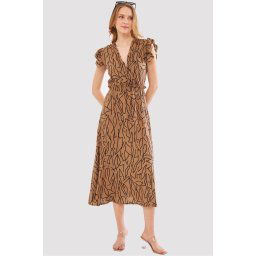 armonika Women's Mink Midi Dress Double Breasted Collar Ruffle Detail on the Shoulder Elastic Waist Midi Length