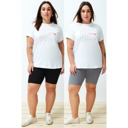 Trendyol Curve Black-Grey High Waist 2-Pack Biker Short Length Ribbed Knit Plus Size Leggings