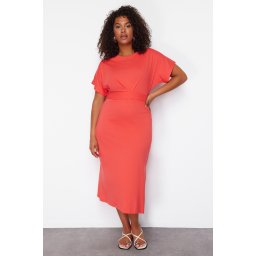 Trendyol Curve Red Straight Cut Tie Detailed Slit Maxi/Long 100% Cotton Knitted Dress