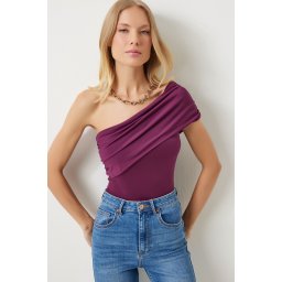 Happiness İstanbul Women's Plum One Shoulder Gathered Knitted Blouse