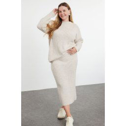 Trendyol Curve Beige Crew Neck Ribbed Knitwear Sweater & Skirt Bottom-Top Set