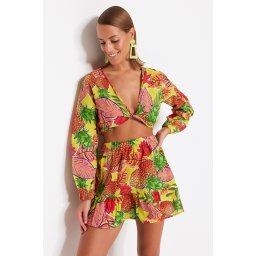 Trendyol Fruit Patterned Woven 100% Cotton Blouse and Skirt Suit