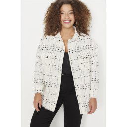Trendyol Curve White Tweed Long Sleeve Winter Woven Plus Size Shirt/Jacket