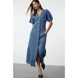 Trendyol Blue Stitch Detailed V Neck Maxi Denim Dress
