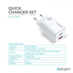 Kucni punjac Pluginn PI-D74-45w, GaN, QC3.0, PD3.0, PPS, USB 19W, PD 45W sa PD iPhone lightning kablom beli