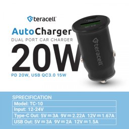 Auto punjac Teracell Evolution TC-10 PD 20W, USB QC3.0 15W sa Type C kablom crni