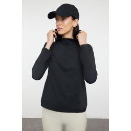Trendyol Black Micro Reflective Print Detailed Hooded Knitted Sports Top/Blouse
