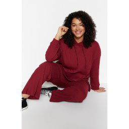 Trendyol Curve Claret Red Hooded Collar Relaxed Fit Knitted Camisole Plus Size Top-Bottom Set