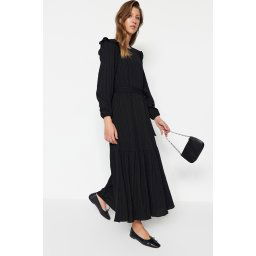 Trendyol Black Belted Ruffled Shoulder Skirt Flounced Lined Viscose Blend Woven Dress