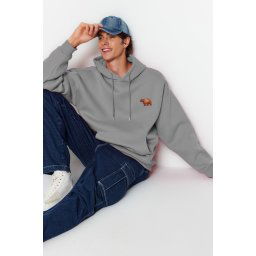Trendyol Grey Oversize/Wide Cut Hooded Animal Embroidered Fleece Inside Sweatshirt