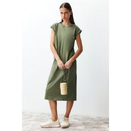 Trendyol Khaki Plain T-shirt Dress 100% Cotton Moon Sleeve Shift/Relaxed Cut Midi Midi Dress