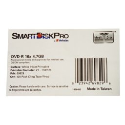 VERBATIM SMARTDISKPRO DICOM COMPLIANT 4.7GB 16X INKJET FFACE PRINT DICOM SMART/100/69829