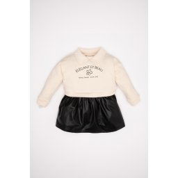 DEFACTO Baby Girl Crew Neck Floral Printed Faux Leather Skirted Long Sleeve Sweatshirt Dress
