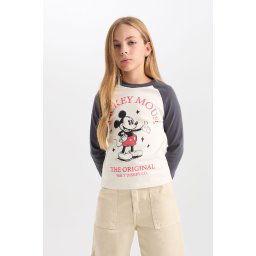 DEFACTO Girls Disney Mickey & Minnie Crop Crew Neck Ribbed Camisole Long Sleeve T-Shirt