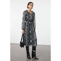 Trendyol Black Animal Belted Midi Woven Dress