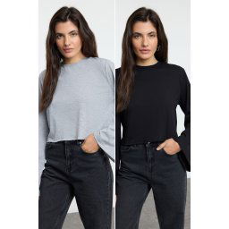 Trendyol Black-Grey Melange 2-Pack 100% Cotton Spanish Sleeve Knitted T-Shirt