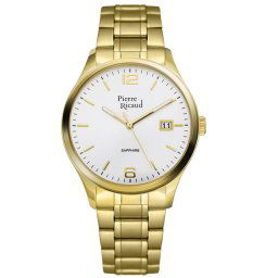 Muški pierre ricaud safir datum beli zlatni quartz elegantni ručni sat sa zlatnim metalnim kaišem ( p91086.1153q )