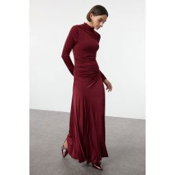 Trendyol Burgundy Fitted/Fits the Body Stand Collar Long Sleeve Flexible Maxi Knit Dress