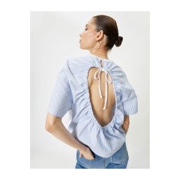 Koton Striped Short Sleeve T-Shirt with Window Detail on the Back, Crew Neck with Two Different Fabric Usage
