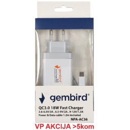 NPA-AC36 ** Gembird QC3.0 brzi punjac +Type C USB kabl,18W 3.6-6.5V/3A, 6.5V-9V/2A, 9V-12V/1.5A(351)