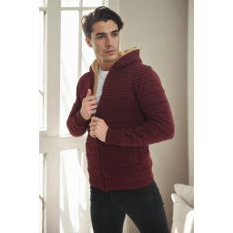 14455 Dewberry Furry Hooded Mens Sports Slim Fit Cardigan-BURGUNDY