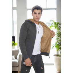 14455 Dewberry Furry Hooded Mens Sports Slim Fit Cardigan-GREY