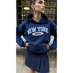 Laluvia Navy Blue Premium Cotton New York Print Hooded Sweatshirt