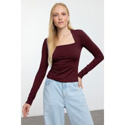 Trendyol Dark Burgundy Cotton Elastic Square Neck Fitted/Fits Body Flexible Blouse