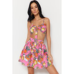 Trendyol Fruit Patterned Woven Tie Blouse Skirt Set