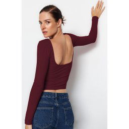 Trendyol Dark Burgundy Cotton Backless Fitted/Fits Body Flexible Knitted Blouse