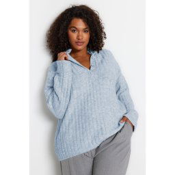 Trendyol Curve Baby Blue Ribbed Buttoned Knit Sweater