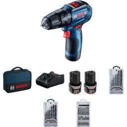 Bosch Akumulatorska vibraciona bušilica - odvrtač GSB 12V-30 + 39-delni set pribora, 2x2,0Ah
