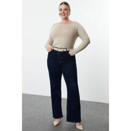 Trendyol Curve Beige 100% Cotton Body-fitting Long Sleeve Plus Size T-shirt
