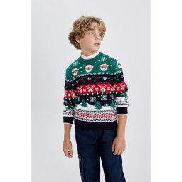 DEFACTO Boy's Christmas Themed Mini Me Crew Neck Knit Sweater