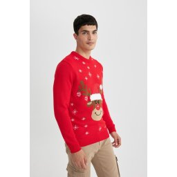 DEFACTO Standard Fit New Year Themed Crew Neck Knitwear Sweater