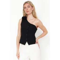 Trendyol Limited Edition Black Fitted One Shoulder Rose Detail Crop Woven Vest