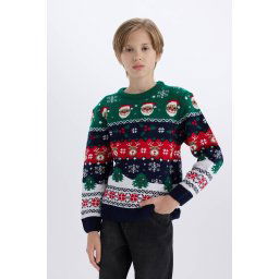 DEFACTO Boy's New Year's Themed Crew Neck Knitted Sweater