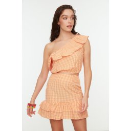 Trendyol Orange Gingham One-Shoulder Frilly Top Top Set