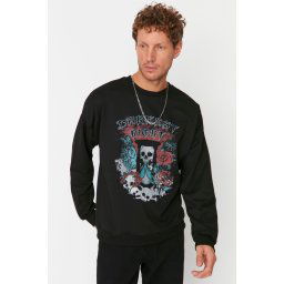 Trendyol Black Oversize/Wide-Fit Crew Neck Rock Theme Sweatshirt