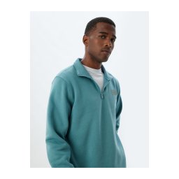 Koton Half Zippered Raised Cotton Blend Slogan Printed Sweatshirt