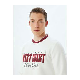 Koton Slogan Printed Sweatshirt Crew Neck Raised Cotton Blend