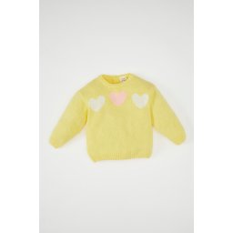 DEFACTO Baby Girl Heart Patterned Crew Neck Knitted Sweater