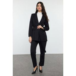 Trendyol Black Tie Detail Lined Crepe Jacket-Pants Woven Bottom-Top Set