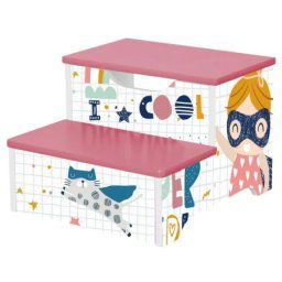 Kinder home dečija stolica, drvena stepenica na 2 nivoa, stepenice za dečiju sobu, roze, super devojČica ( TF-6019 )