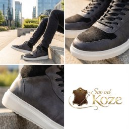 Duboke muške patike od crne velur i sive boks kože