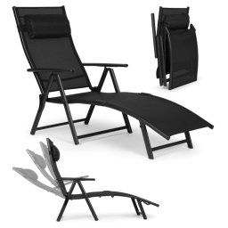 Sklopiva baštenska ležaljka za plažu sa podesivim naslonom i čeličnim ramom, Black, MultiGarden