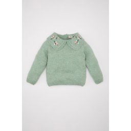 DEFACTO Baby Girl Green Floral Large Collar Knitwear Sweater