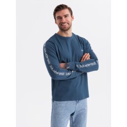 Ombre Men's cotton U-neck longsleeve with piping and chest print - dark blue
