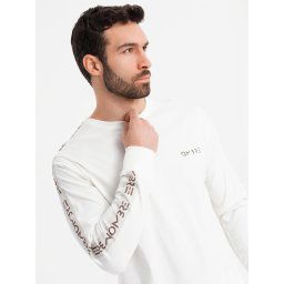 Ombre Men's cotton U-neck longsleeve with piping and chest print - broken white