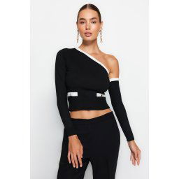 Trendyol Black Crop One Shoulder Sleeve Detachable Premium Yarn/Special Yarn Knitwear Sweater